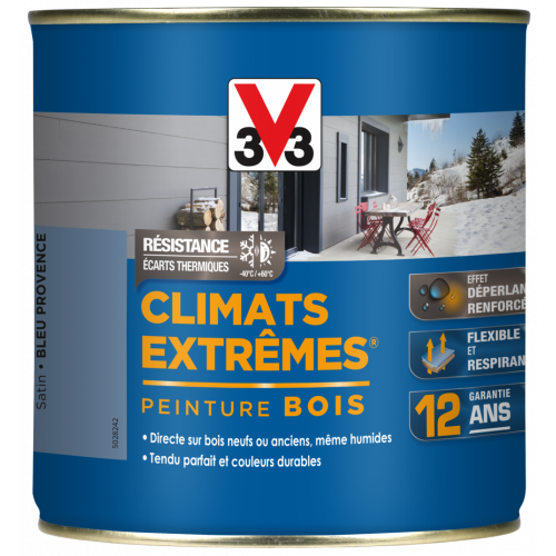 Peinture bois extérieur Climats extrêmes® V33, bleu provence satiné 0.5 l - V33