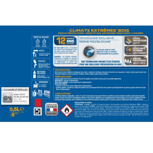 Peinture bois extérieur Climats extrêmes® V33, gris basalte satiné 0.5 l - V33