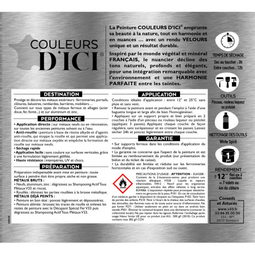 Peinture fer extérieur Couleurs d'ici® V33 gris flotté velours 0.5 l - V33