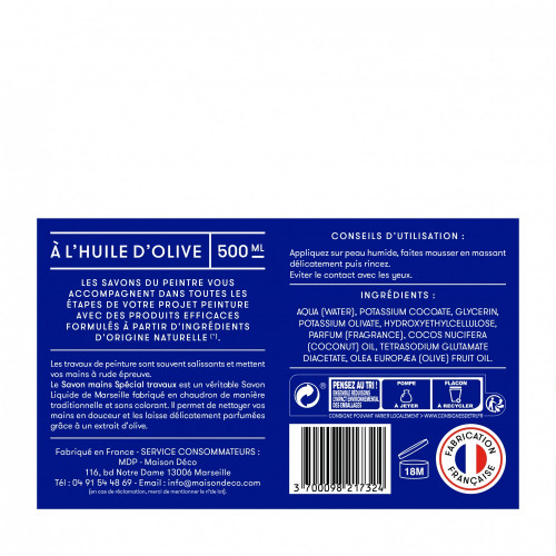 Savon mains liquide de Marseille en flacon, 500 ml MAISON DECO - MAISON DECO