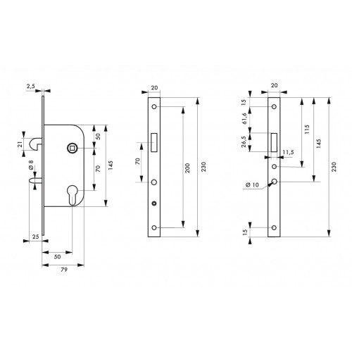 Serrure en applique Thirard - axe 61,5 mm - entraxe 70 mm