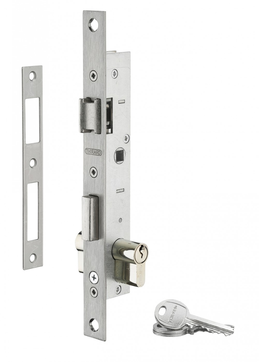 Serrure encastrée THIRARD Coffre acier Têtière inox Pêne alliage nickelé Gâche plate inox