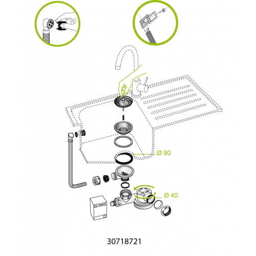 Vidage évier avec siphon, 1 bac, Diam.90 mm - WIRQUIN