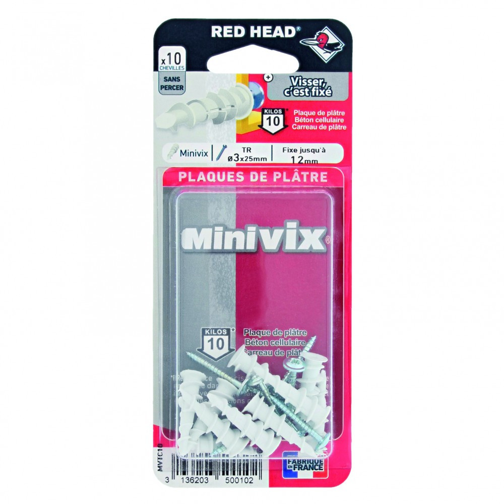 Lot de 10 chevilles et vis à visser minivix HEAD Diam.5 x .25 mm