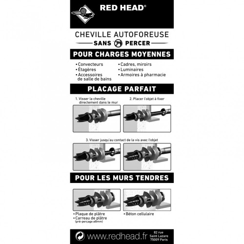 Lot de 10 chevilles et vis à visser vix RED HEAD, Diam.12 x L.30 mm - Red head