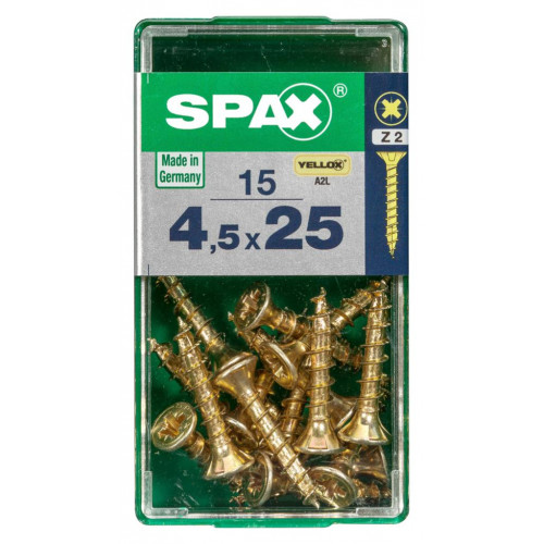 Lot de 15 vis acier tête fraisée pozidriv SPAX, Diam.4.5 mm x L.25 mm - SPAX