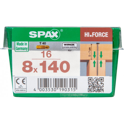 Lot de 16 vis acier torx SPAX, Diam.8 mm x L.140 mm - SPAX