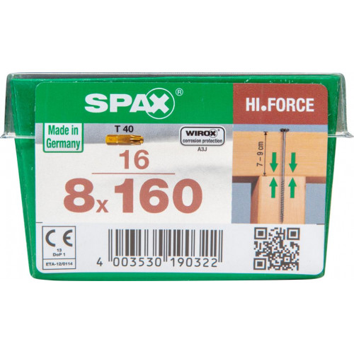 Lot de 16 vis acier torx SPAX, Diam.8 mm x L.160 mm - SPAX