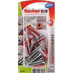 Lot de 12 chevilles et vis FISCHER, Diam.6 x L.30 mm de marque FISCHER, référence: B6203600