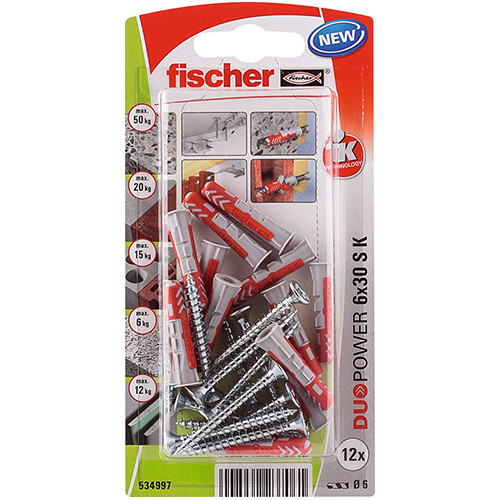 Lot de 12 chevilles et vis FISCHER, Diam.6 x L.30 mm - FISCHER