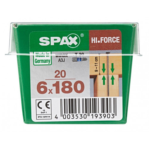 Lot de 20 vis acier tête fraisée bombée torx SPAX, Diam.6 mm x L.180 mm - SPAX