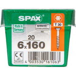 Lot de 20 vis acier tête fraisée torx SPAX, Diam.6 mm x L.160 mm - SPAX