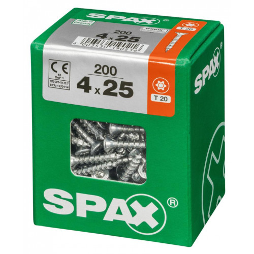 Lot de 200 vis acier tête fraisée torx SPAX, Diam.4 mm x L.25 mm - SPAX