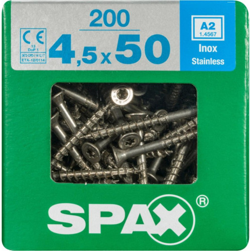 Lot de 200 vis inox tête fraisée torx SPAX, Diam.4.5 mm x L.50 mm - SPAX