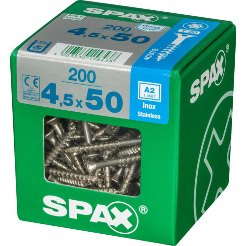 Lot de 200 vis inox tête fraisée torx SPAX, Diam.4.5 mm x L.50 mm - SPAX