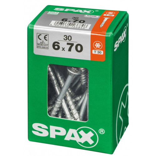 Lot de 30 vis acier tête fraisée torx SPAX, Diam.6 mm x L.70 mm - SPAX