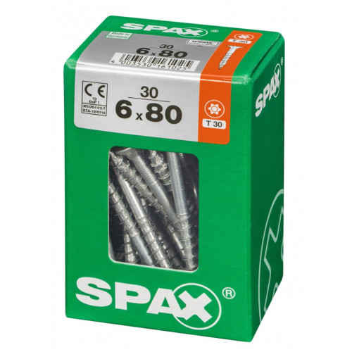 Lot de 30 vis acier tête fraisée torx SPAX, Diam.6 mm x L.80 mm - SPAX