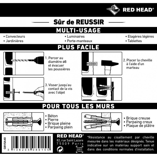 Lot de 40 chevilles et vis à expansion ou à verrouillage de forme grapex G8VSA40 - Red head