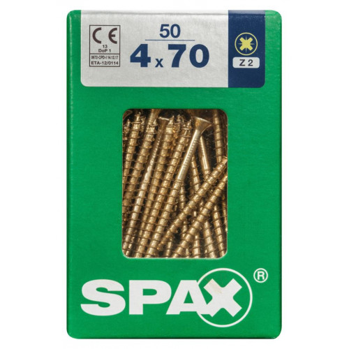 Lot de 50 vis acier tête fraisée pozidriv SPAX, Diam.4 mm x L.70 mm - SPAX