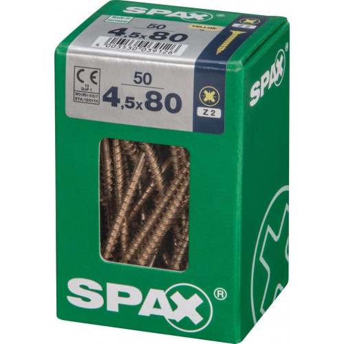 Lot de 50 vis acier tête fraisée pozidriv SPAX, Diam.4.5 mm x L.80 mm - SPAX