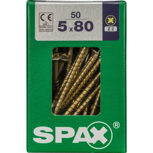 Lot de 50 vis acier tête fraisée pozidriv SPAX, Diam.5 mm x L.80 mm - SPAX