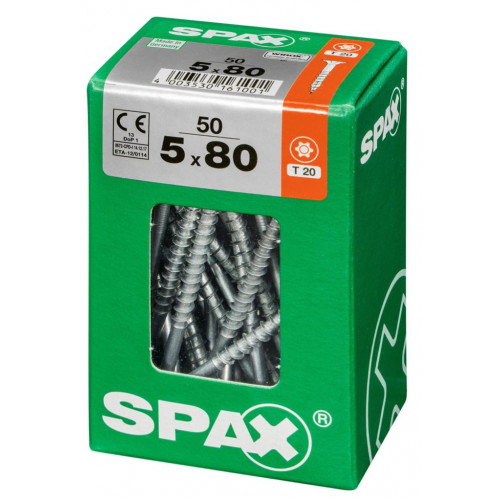 Lot de 50 vis acier tête fraisée torx SPAX, Diam.5 mm x L.80 mm - SPAX