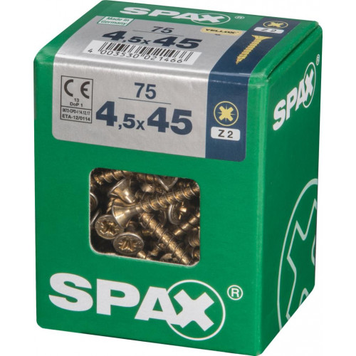 Lot de 75 vis acier tête fraisée pozidriv SPAX, Diam.4.5 mm x L.45 mm - SPAX