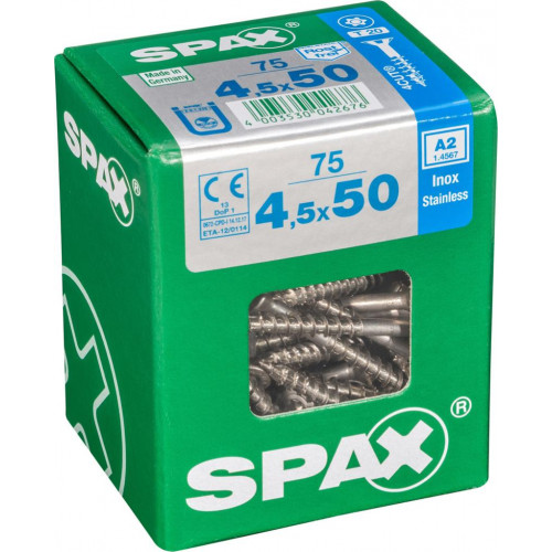 Lot de 75 vis inox tête fraisée torx SPAX, Diam.4.5 mm x L.50 mm - SPAX