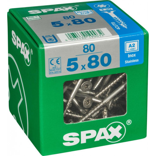 Lot de 80 vis inox tête fraisée torx SPAX, Diam.5 mm x L.80 mm - SPAX