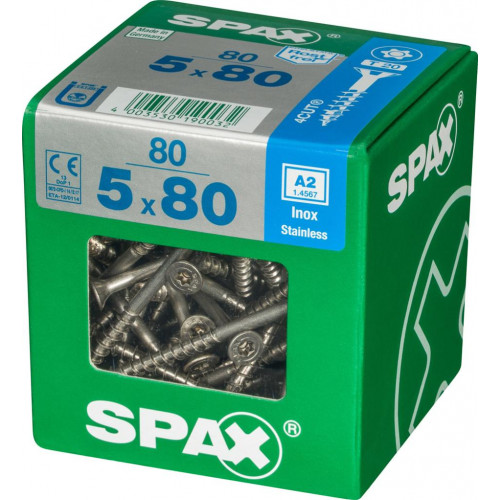 Lot de 80 vis inox tête fraisée torx SPAX, Diam.5 mm x L.80 mm - SPAX