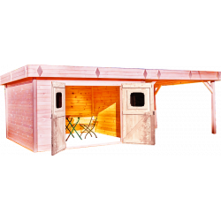Abri madriers 28 mm avec terrasse fabriqué en douglas massif - S.h.t. : 29,04 m2 - Toit plat couverture bac acier de marque HABRITA, référence: J5603900