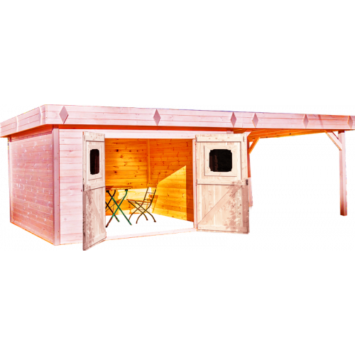 Abri madriers 28 mm avec terrasse fabriqué en douglas massif - S.h.t. : 29,04 m2 - Toit plat couverture bac acier - HABRITA