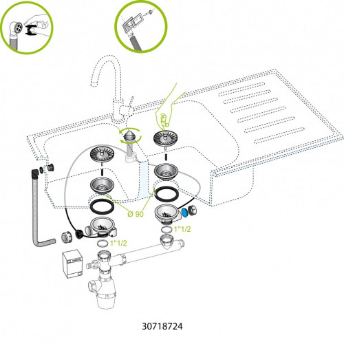 VIDAGE EVIER INOX/GRES SIMPLE BAC A PANIER Ø90