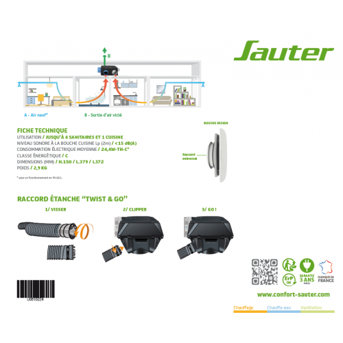 Kit extra plat VMC autoréglable à détection d'humidité Agalina SAUTER - SAUTER