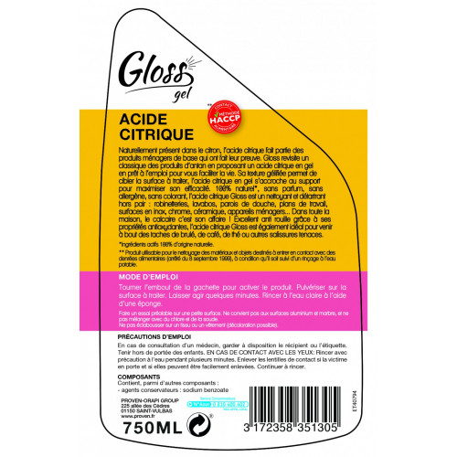 Acide citrique en gel multisurface GLOSS Gel 750 ml - GLOSS