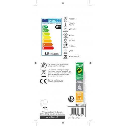Lot de 5 ampoules led à filament clair sphérique B22 110 Lm 15 W, TIBELEC - TIBELEC