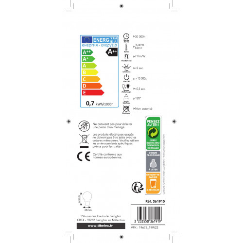 Lot de 5 ampoules led opaque sphérique B22 30 Lm  4 W, TIBELEC - TIBELEC