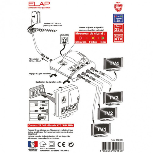 Amplificateur intérieur terrestre 4 sorties 23DB ELAP - Centrale Brico