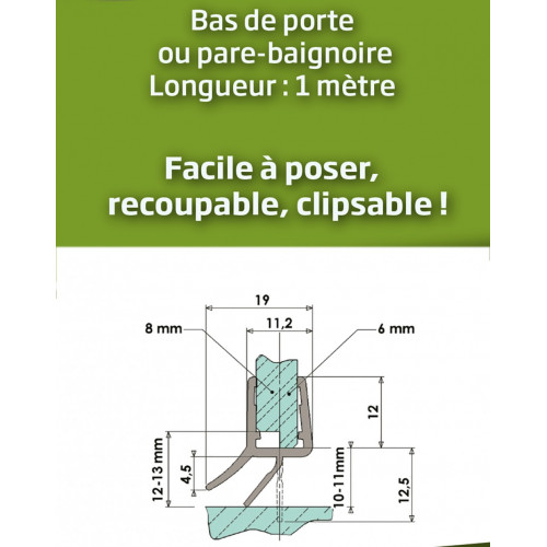 Joint à lèvre pour portes de douche et parois de baignoire de 5 à