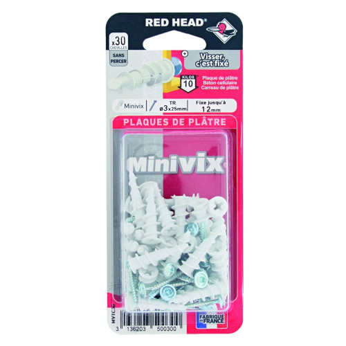 Lot de 30 chevilles et vis à visser minivix RED HEAD, Diam.5 x L.25 mm - Red head