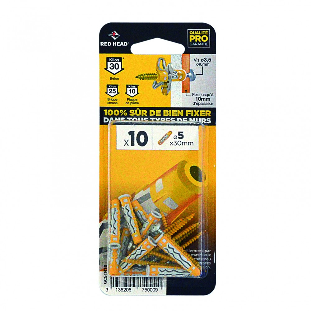 Chevilles et vis HEAD Lot de 10 Diam. 5 mm Long. 30 mm Couleur - vue 2