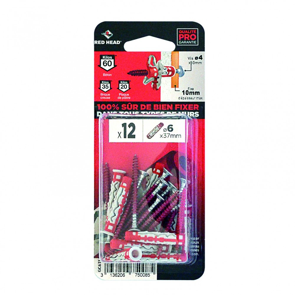 Lot de 12 chevilles et vis couleur HEAD Diam.6 mm x .37 mm