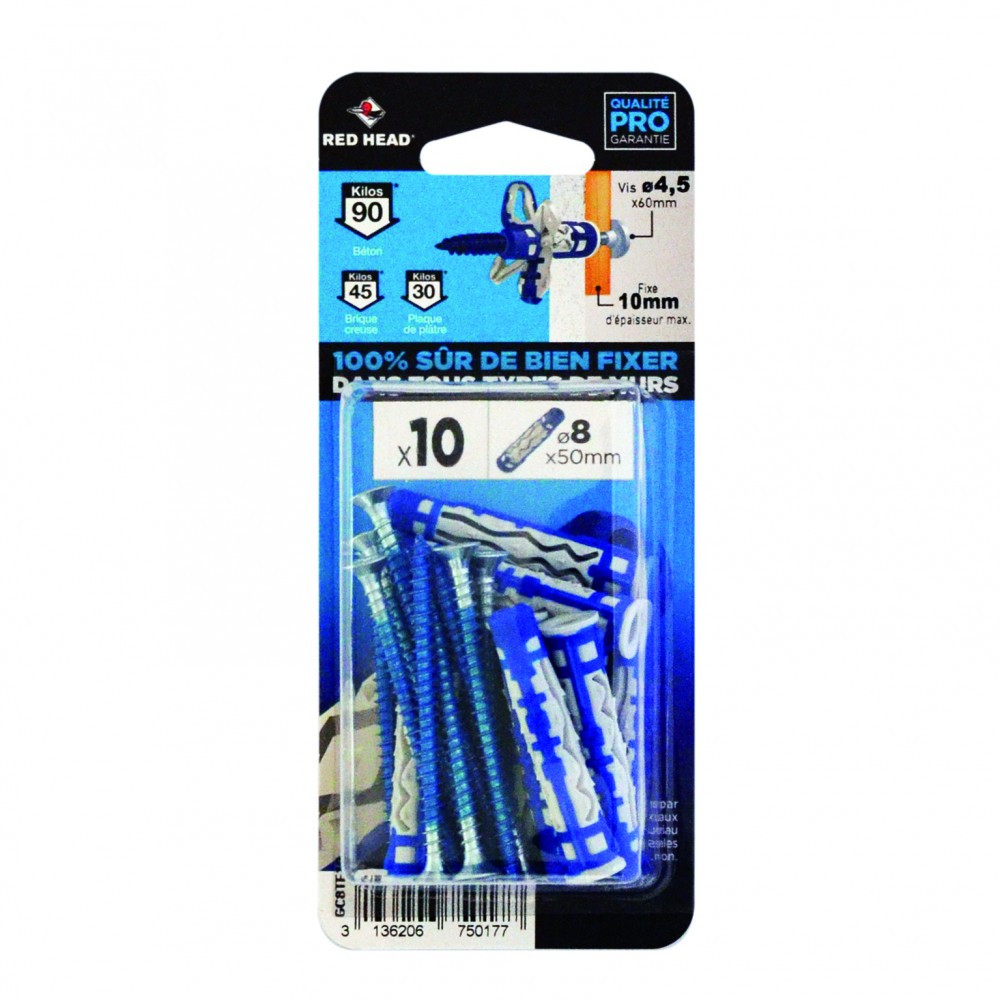 Lot de 10 chevilles et vis couleur HEAD Diam.8 mm x .50 mm - vue 2