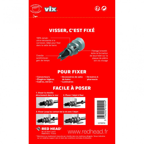 Lot de 50 chevilles et vis à visser vix VXTRDP50 RED HEAD - Red head