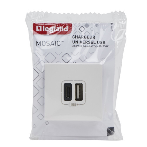 Legrand Prise double avec USB C et A, LEGRAND Mosaic, blanc