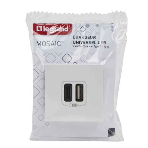 Prise double avec USB C et A, LEGRAND Mosaic, blanc - LEGRAND