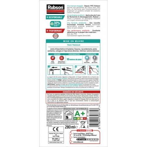 Mastic d'étanchéité multi usage pure RUBSON blanc 280ml - RUBSON