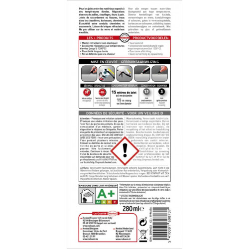 Mastic pour raccordement hautes températures RUBSON noir 280ml - RUBSON