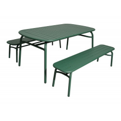 Ensemble salon repas de jardin Oscar complet - vert (1 table rectangulaire + 2 bancs) de marque PROLOISIRS, référence: J7036600