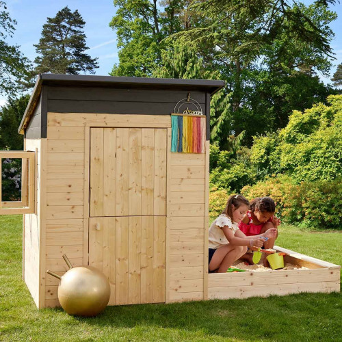 Cabane enfant - Maison de jardin avec pergola + bac à sable + coffre à  jouets - Couleur Garden